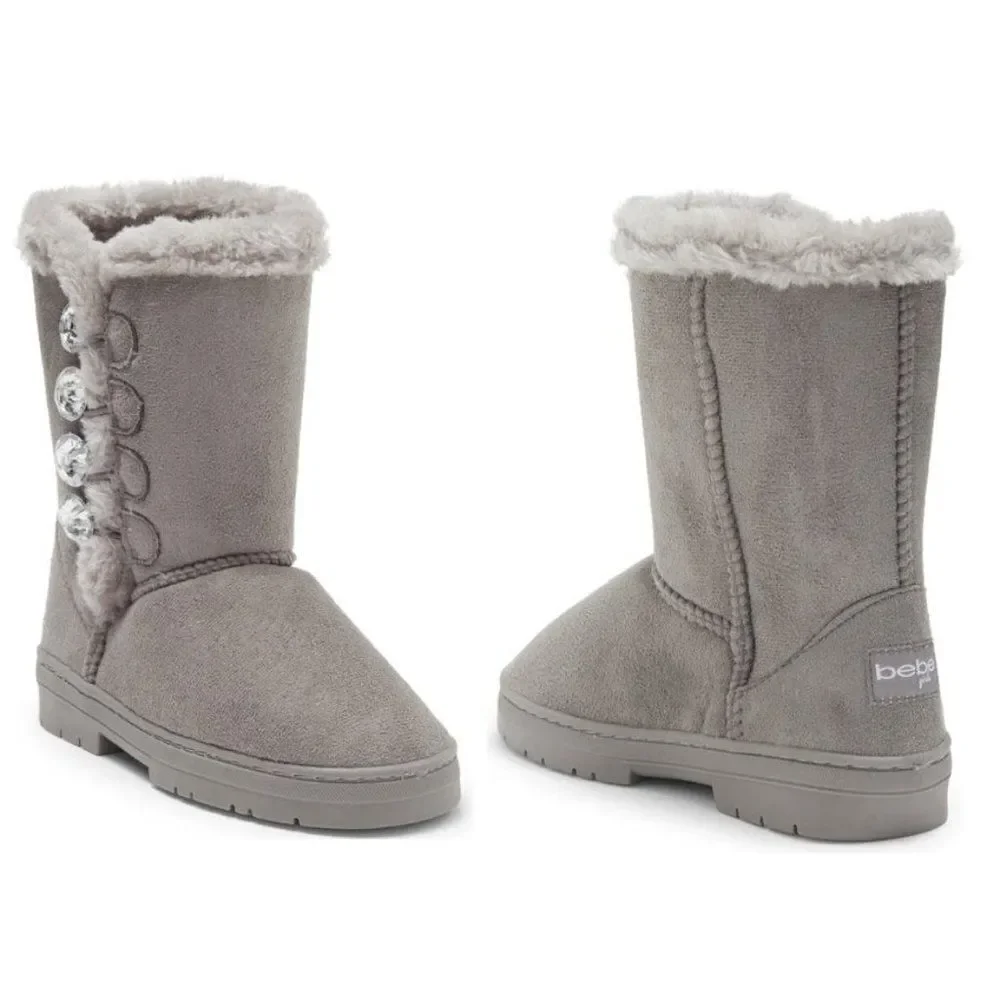 Bebe Kid's Boot Winter Rhinestone Button‎ Faux Fur Lined Trim Gray Size 13